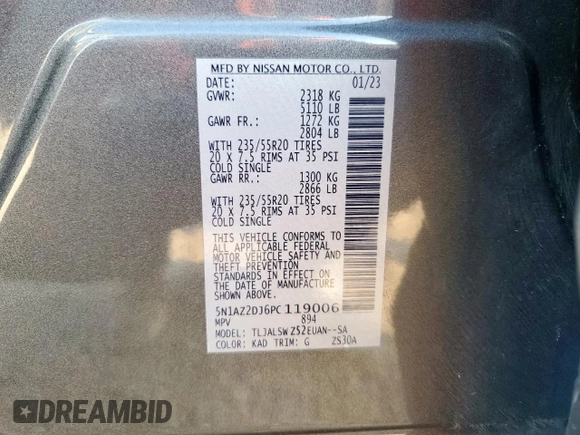 2023 Nissan Murano Platinum with VIN 5N1AZ2DJ6PC119006, listed as a Copart auction lot 61748035 with 618 mi miles and Salvage title. Bid and sale history available at DreamBid. Image 13.