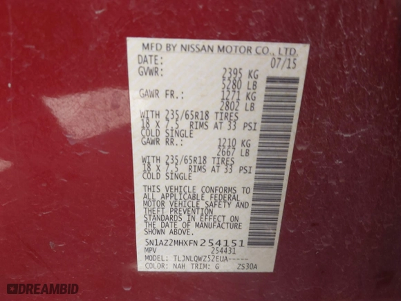 2015 Nissan Murano SL with VIN 5N1AZ2MHXFN254151, listed as a IAAI auction lot 41675133 with 146,013 mi miles. Bid and sale history available at carsss.com. Image 9.