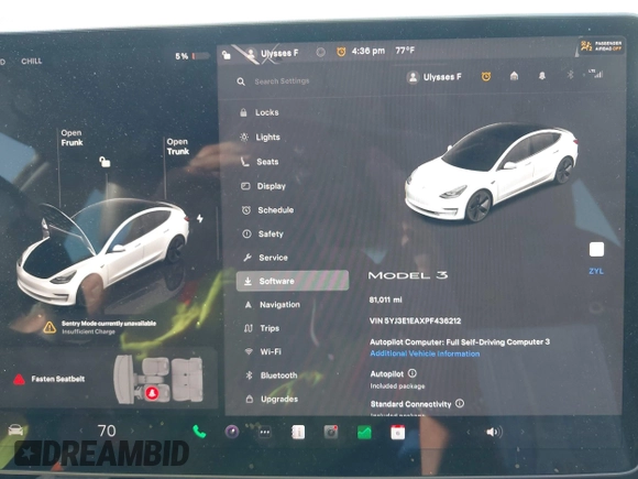 2023 Tesla Model 3 with VIN 5YJ3E1EAXPF436212, listed as a IAAI auction lot 41727400 with 81,011 mi miles and . Bid and sale history available at carsss.com. Image 18.