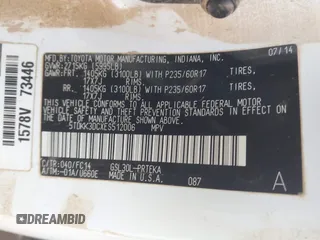 2014 Toyota Sienna LE AAS с VIN 5TDKK3DCXES512006, выставлен на аукционе IAAI как лот 41721093 с пробегом Не указан миль и . История ставок и продаж доступна на DreamBid. Изображение 9.