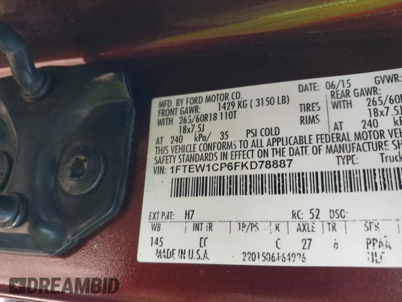 2015 Ford F-150 XL with VIN 1FTEW1CP6FKD78887, listed as a IAAI auction lot 40587959 with 143,994 mi miles. Bid and sale history available at carsss.com. Image 9.