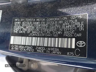 2015 Toyota Prius Four with VIN JTDKN3DU9F0441160, listed as a IAAI auction lot 42561281 with 186,192 mi miles and . Bid and sale history available at DreamBid. Image 9.