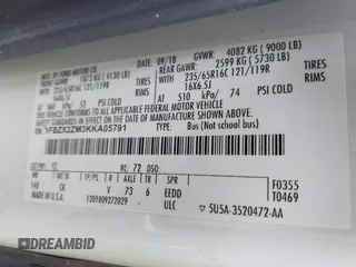 2019 Ford Transit Passenger XL with VIN 1FBZX2ZM3KKA05791, listed as a IAAI auction lot 41547130 with 237,065 mi miles and . Bid and sale history available at DreamBid. Image 9.