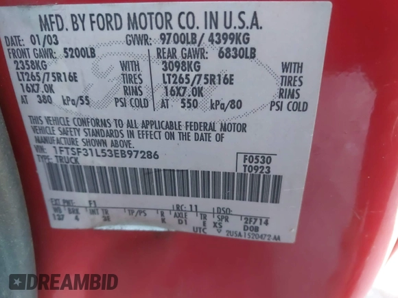 2003 Ford F-350 XL with VIN 1FTSF31L53EB97286, listed as a IAAI auction lot 41453727 with 235,320 mi miles and . Bid and sale history available at DreamBid. Image 9.