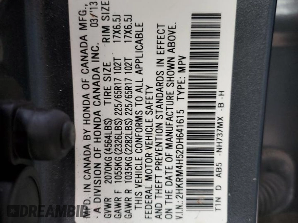 2013 Honda CR-V EX with VIN 2HKRM4H52DH641615, listed as a Copart auction lot 82585154 with 132,056 mi miles and Salvage Title. Bid and sale history available at DreamBid. Image 13.