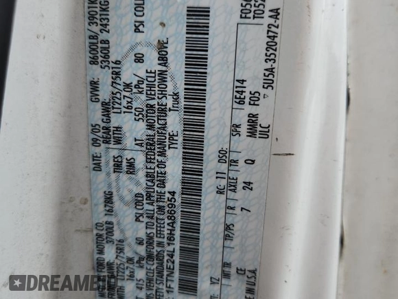 2006 Ford Econoline Cargo with VIN 1FTNE24L16HA86954, listed as a Copart auction lot 63314175 with 207,701 mi miles and Salvage title. Bid and sale history available at DreamBid. Image 12.
