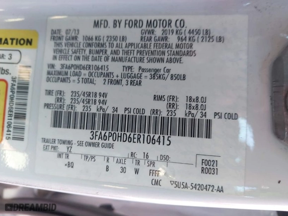 2014 Ford Fusion SE with VIN 3FA6P0HD6ER106415, listed as a IAAI auction lot 41689698 with 125,421 mi miles. Bid and sale history available at carsss.com. Image 9.