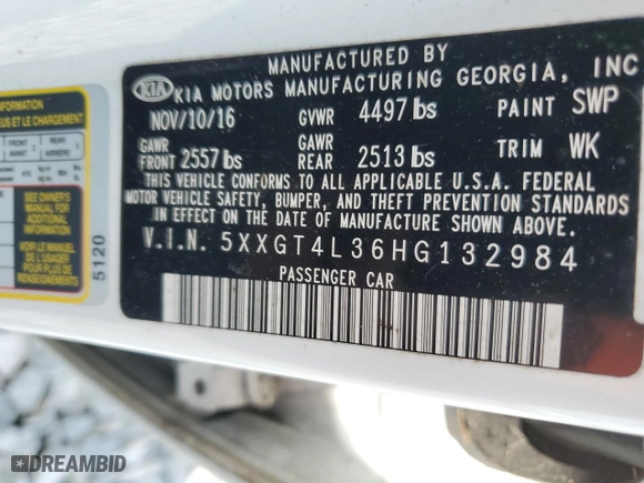 2017 Kia Optima LX with VIN 5XXGT4L36HG132984, listed as a Copart auction lot 54077825 with 117,543 mi miles and Clean Title. Bid and sale history available at carsss.com. Image 12.