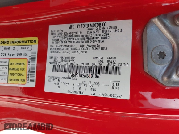 2021 Ford Mustang EcoBoost with VIN 1FA6P8TH2M5101061, listed as a IAAI auction lot 42546464 with 90,592 mi miles and . Bid and sale history available at DreamBid. Image 9.