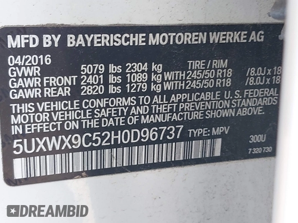 2017 BMW X3 xDrive28i z VIN 5UXWX9C52H0D96737, wystawiony jako IAAI lot #42094100 z przebiegiem 86 641 mil mil oraz . Historia ofert i sprzedaży dostępna na DreamBid. Obrazek 9.