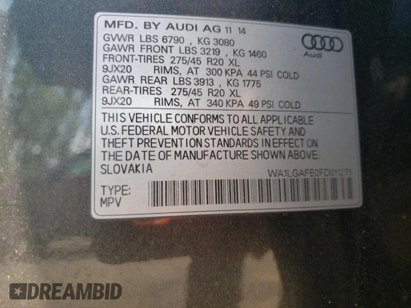 2015 Audi Q7 Premium Plus with VIN WA1LGAFE0FD011271, listed as a Copart auction lot 63250995 with 168,223 mi miles and Salvage title. Bid and sale history available at DreamBid. Image 13.