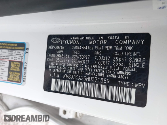 2017 Hyundai Tucson Sport with VIN KM8J3CA26HU371869, listed as a IAAI auction lot 41928173 with 83,885 mi miles and . Bid and sale history available at DreamBid. Image 9.