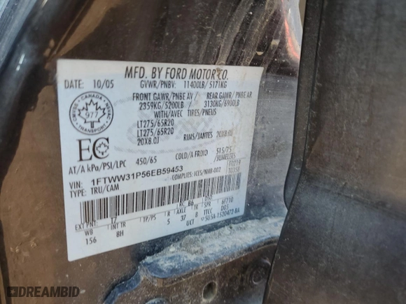 2006 Ford Super Duty F-350 SRW XL with VIN 1FTWW31P56EB59453, listed as a Copart auction lot 48013115 with 0 mi miles and Salvage Title. Bid and sale history available at carsss.com. Image 13.