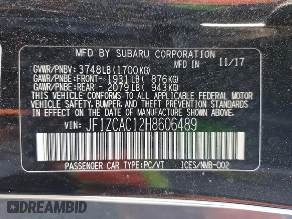 2017 Subaru BRZ Limited with VIN JF1ZCAC12H8606489, listed as a Copart auction lot 85284724 with 55,070 mi miles and Salvage title. Bid and sale history available at DreamBid. Image 12.