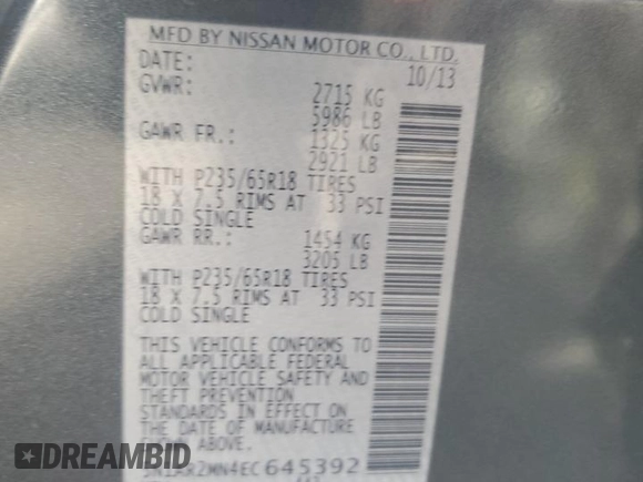 2014 Nissan Pathfinder S z VIN 5N1AR2MN4EC645392, wystawiony jako Copart lot #56152165 z przebiegiem 125 459 mil mil oraz Szkoda całkowita • Salvage title. Historia ofert i sprzedaży dostępna na DreamBid. Obrazek 13.