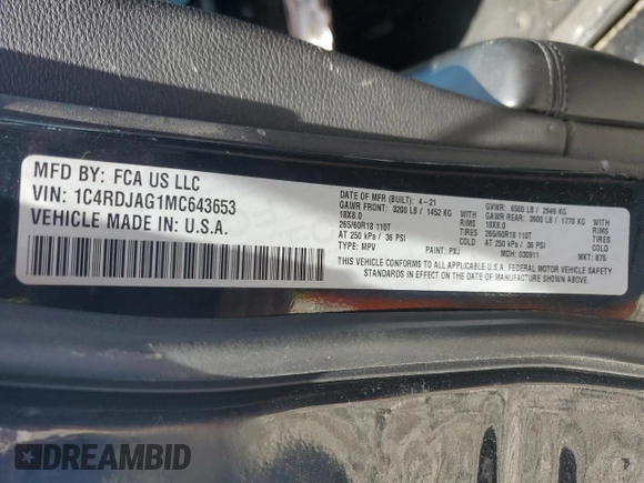 2021 Dodge Durango SXT Plus with VIN 1C4RDJAG1MC643653, listed as a Copart auction lot 57012514 with 62,939 mi miles and Non repairable. Bid and sale history available at DreamBid. Image 13.