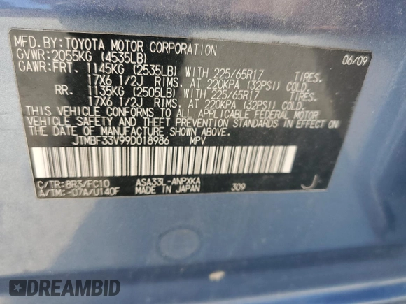 2009 Toyota RAV4 with VIN JTMBF33V99D018986, listed as a Copart auction lot 71194334 with 97,017 mi miles and Clean Title. Bid and sale history available at carsss.com. Image 13.