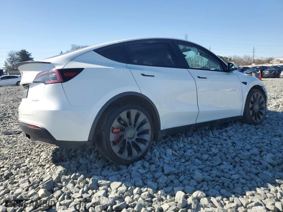 2023 Tesla Model Y Performance with VIN 7SAYGDEF2PF911013, listed as a Copart auction lot 46318005 with 20,119 mi miles and Salvage Title. Bid and sale history available at carsss.com. Image 3.