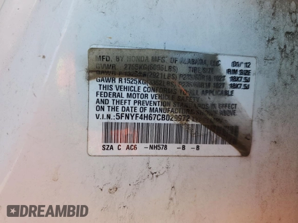 2012 Honda Pilot EX-L with VIN 5FNYF4H67CB029972, listed as a Copart auction lot 45150375 with 212,534 mi miles and Salvage Title. Bid and sale history available at DreamBid. Image 13.