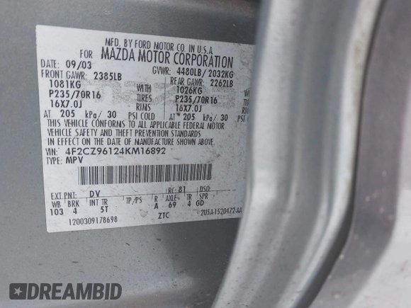 2004 Mazda Tribute ES with VIN 4F2CZ96124KM16892, listed as a IAAI auction lot 41621276 with 130,713 mi miles and . Bid and sale history available at carsss.com. Image 9.