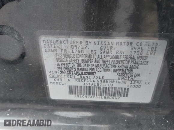2018 Nissan Versa SV with VIN 3N1CN7AP5JL820567, listed as a IAAI auction lot 41850033 with 130,608 mi miles. Bid and sale history available at carsss.com. Image 9.