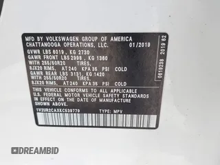 2019 Volkswagen Atlas SE z VIN 1V2UR2CAXKC539779, wystawiony jako IAAI lot #42188614 z przebiegiem 49 994 mil mil oraz . Historia ofert i sprzedaży dostępna na DreamBid. Obrazek 9.