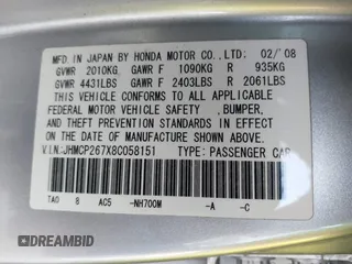 2008 Honda Accord EX with VIN JHMCP267X8C058151, listed as a IAAI auction lot 40601443 with 132,609 mi miles and . Bid and sale history available at DreamBid. Image 9.