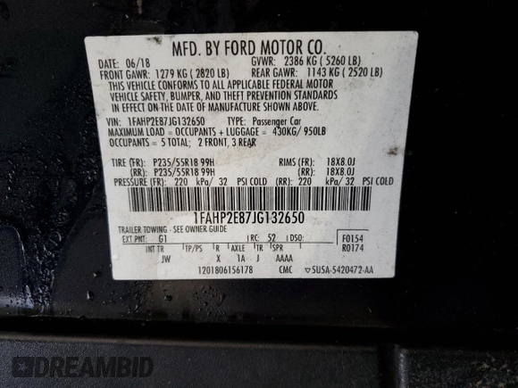 2018 Ford Taurus SEL with VIN 1FAHP2E87JG132650, listed as a Copart auction lot 46523765 with 89,571 mi miles and Clean Title. Bid and sale history available at DreamBid. Image 12.