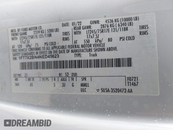 2022 Ford F-250 XL with VIN 1FT7X2BN4NED45623, listed as a IAAI auction lot 41938836 with 133,802 mi miles and . Bid and sale history available at DreamBid. Image 9.