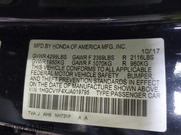 2018 Honda Accord EX with VIN 1HGCV1F4XJA019795, listed as a IAAI auction lot 41485199 with 66,389 mi miles and . Bid and sale history available at DreamBid. Image 9.