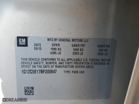 2011 Chevrolet Malibu LT w/1LT with VIN 1G1ZC5E17BF200847, listed as a Copart auction lot 52583305 with 130,133 mi miles and Salvage Title. Bid and sale history available at carsss.com. Image 12.