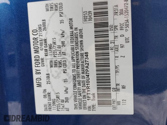 2007 Ford Ranger XL z VIN 1FTYR10U47PA27348, wystawiony jako Copart lot #42735705 z przebiegiem 245 981 mil mil oraz Szkoda całkowita • Salvage title. Historia ofert i sprzedaży dostępna na DreamBid. Obrazek 14.