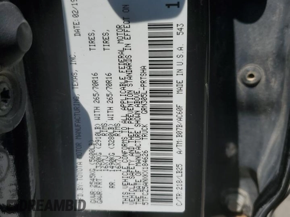 2019 Toyota Tacoma SR with VIN 5TFCZ5ANXKX184626, listed as a Copart auction lot 59220905 with 123,746 mi miles and Salvage title. Bid and sale history available at DreamBid. Image 12.