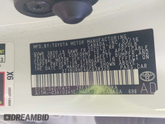 2016 Toyota Corolla L z VIN 2T1BURHE4GC638320, wystawiony jako IAAI lot #42289868 z przebiegiem 154 482 mil mil oraz . Historia ofert i sprzedaży dostępna na DreamBid. Obrazek 9.