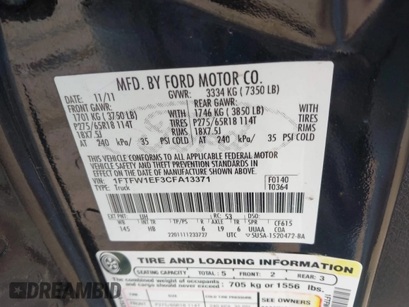 2012 Ford F-150 XL with VIN 1FTFW1EF3CFA13371, listed as a IAAI auction lot 41332160 with 1 mi miles. Bid and sale history available at carsss.com. Image 9.