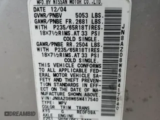 2005 Nissan Murano S with VIN JN8AZ08W65W417540, listed as a Copart auction lot 47296055 with 209,957 mi miles and Salvage Title. Bid and sale history available at carsss.com. Image 13.
