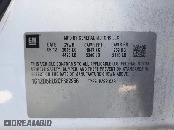 2012 Chevrolet Malibu 2LT with VIN 1G1ZD5EU2CF382966, listed as a IAAI auction lot 41734194 with 205,973 mi miles and . Bid and sale history available at DreamBid. Image 9.