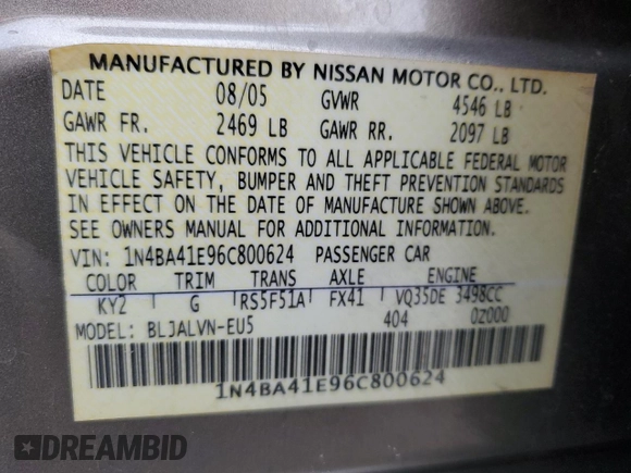 2006 Nissan Maxima 3.5 SL with VIN 1N4BA41E96C800624, listed as a Copart auction lot 48940255 with 0 mi miles and Salvage Title. Bid and sale history available at carsss.com. Image 12.
