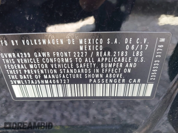2017 Volkswagen Jetta SEL with VIN 3VWL17AJ5HM406727, listed as a IAAI auction lot 41779192 with 41,215 mi miles and . Bid and sale history available at DreamBid. Image 9.