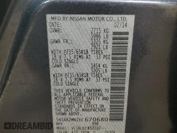 2014 Nissan Pathfinder Platinum with VIN 5N1AR2MN2EC670680, listed as a Copart auction lot 58600635 with 152,919 mi miles and Clean title. Bid and sale history available at DreamBid. Image 14.