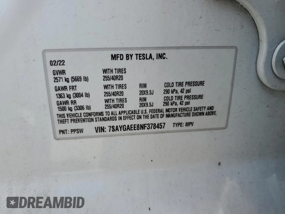 2022 Tesla Model Y Long Range z VIN 7SAYGAEE8NF378457, wystawiony jako Copart lot #56696905 z przebiegiem Nie podano mil oraz Czysty tytuł • Clean title. Historia ofert i sprzedaży dostępna na DreamBid. Obrazek 12.
