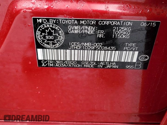 2015 Lexus IS 250 with VIN JTHCF1D29F5028435, listed as a Copart auction lot 46881145 with 74,085 mi miles and Salvage Title. Bid and sale history available at DreamBid. Image 13.