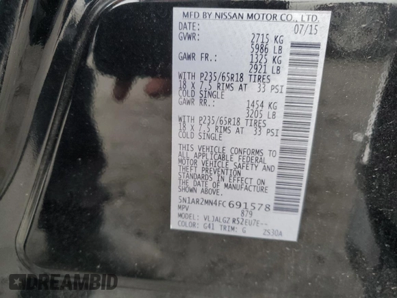 2015 Nissan Pathfinder S with VIN 5N1AR2MN4FC691578, listed as a Copart auction lot 44430495 with 116,676 mi miles and Salvage Title. Bid and sale history available at carsss.com. Image 13.