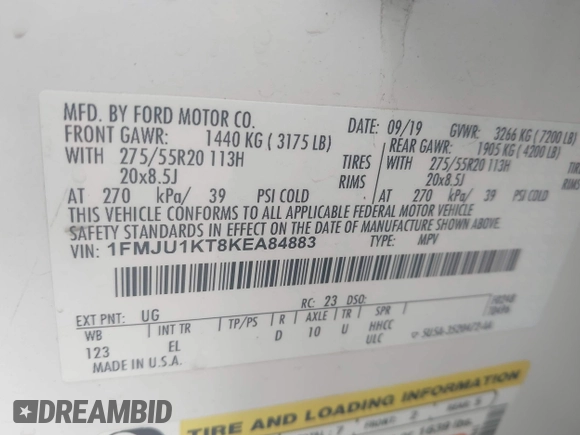 2019 Ford Expedition Limited z VIN 1FMJU1KT8KEA84883, wystawiony jako IAAI lot #42187759 z przebiegiem 85 744 mil mil oraz . Historia ofert i sprzedaży dostępna na DreamBid. Obrazek 9.