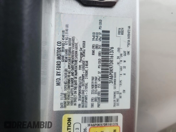 2013 Ford Fusion Titanium with VIN 3FA6P0K97DR161376, listed as a Copart auction lot 61128225 with 146,529 mi miles and Salvage title. Bid and sale history available at DreamBid. Image 12.