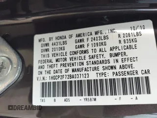 2011 Honda Accord EX с VIN 1HGCP2F72BA037123, выставлен на аукционе IAAI как лот 42438929 с пробегом 104 232 миль миль и . История ставок и продаж доступна на DreamBid. Изображение 9.