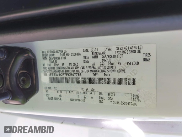 2015 Ford F-150 XL with VIN 1FTEW1CF7FKE07756, listed as a IAAI auction lot 41463829 with 254,833 mi miles. Bid and sale history available at carsss.com. Image 9.