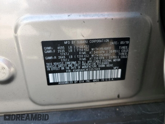 2019 Subaru Outback Premium with VIN 4S4BSAHCXK3357609, listed as a Copart auction lot 55120725 with 82,963 mi miles and Salvage Title. Bid and sale history available at carsss.com. Image 13.