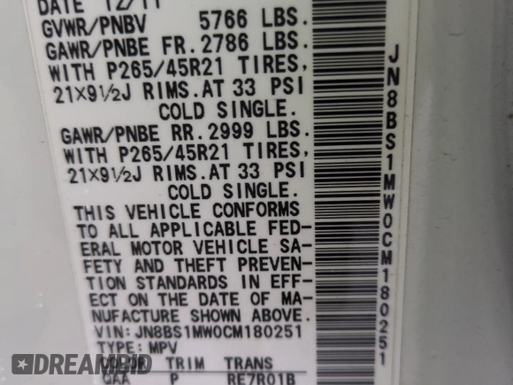 2012 Infiniti FX with VIN JN8BS1MW0CM180251, listed as a Copart auction lot 54678185 with 58,346 mi miles and Salvage Title. Bid and sale history available at DreamBid. Image 14.