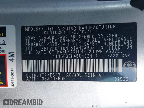 2011 Toyota Camry LE with VIN 4T1BF3EK4BU192114, listed as a IAAI auction lot 42014859 with 147,582 mi miles and . Bid and sale history available at carsss.com. Image 9.